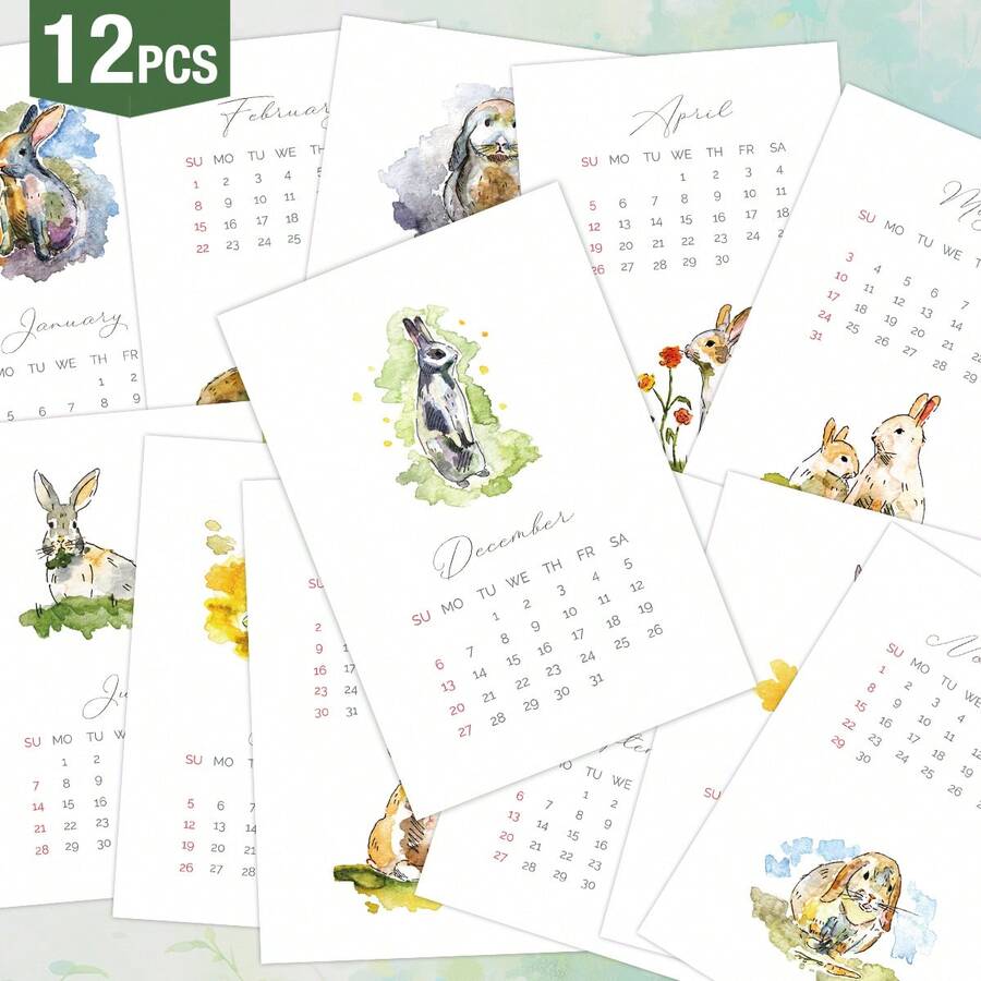12张水彩兔子迷你月历卡片 - 2026年春季兔子图案日历明信片，适用于墙面装饰，是家居和办公室的理想之选，也是复活节、新年和节假日的完美礼物。 - 彩色 - 查看 1