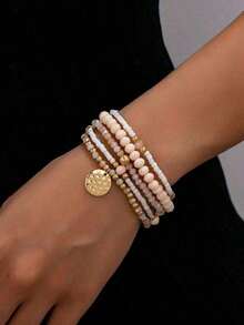 Bohemian Elegant Woven Elastic Beaded Bracelets Set For Women - 彩色的 - 查看 3