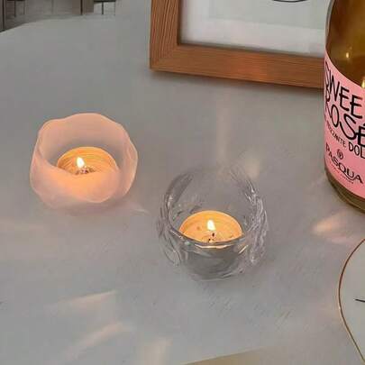 不对称玻璃烛台装饰，营造浪漫氛围的客厅、餐桌烛台 - 复古水晶磨砂透明玻璃小烛台，烛台装饰，摄影道具（包含烛台和底座）