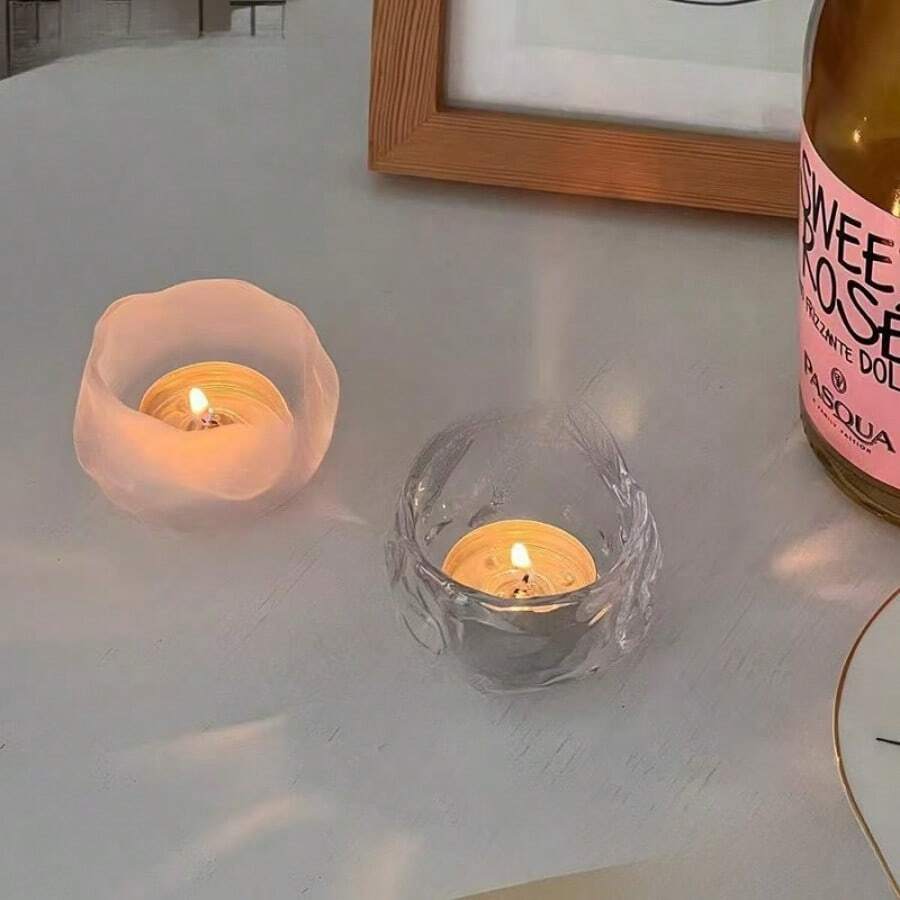 Asymmetrical Glass Candle Holder Decor, Romantic Atmosphere Candle Holder For Living Room, Dining Table - Retro Crystal Frosted Transparent Glass Small Candle Holder, Candle Holder Decor, Photography Prop (Includes Candle Holder And Pad)