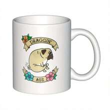 1 Piece 11oz Double-Sided DRAGGIN'  Pug And Floral Pattern Fun Coffee Mug -, Birthday, New Year, Humorous Suitable Him/Her/Female/Male, Coffee Enthusiast, Holiday Drinkware, Exquisite Illustration, High-Quality Craftsmanship - trắng - Xem 1
