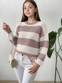 1pc Girls Casual Thick Pullover Sweater, Comfortable Student Knitwear For Autumn/Winter - Striped Sweater, Soft & Comfortable Solid Color Sweater - Perfect For Warm Days And Cold Nights - Apricot - View 4