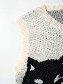 Autumn Winter Funny Cat Jacquard Embroidered Letter V-Neck Sleeveless Vest, Minimalist College Style Casual Loose Fit Unisex Knitted V-Neck Pullover Sweater Top - Apricot - View 10