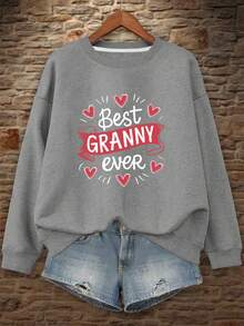 Suéter de Cuello Redondo para Mujer "La Mejor Abuela del Mundo" - Verde Vibrante con Corazones Rojos, Jersey Casual de Otoño y Primavera, Lavable a Máquina, Tejido Cómodo sin Elastizar, Estampado Divertido, Ajuste Relajado - Gris Oscuro - Ver 13