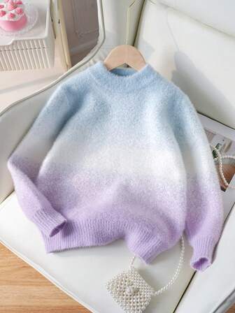 Suéter de punto degradado para niñas, lindo para uso casual, vacaciones, primavera, otoño e invierno
