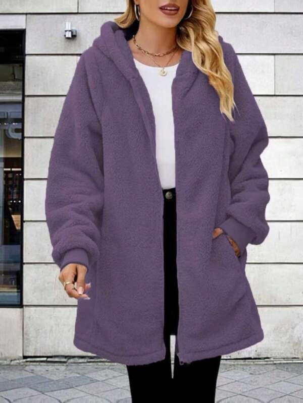 2024 Autumn/Winter New Arrival Popular Solid Color Plush Hooded Zip-Up Jacket, Plus Size Women