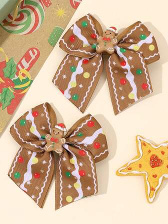 2 piezas Pinzas para el cabello con moños navideños para niñas, pinzas de cocodrilo con diseño de hombre de jengibre navideño, moños de tela festivos, pinzas para el flequillo con estampado de hombre de jengibre lindo, pasadores para el cabello para fiestas de Año Nuevo, accesorios para el cabello lindos, regalo para adolescentes