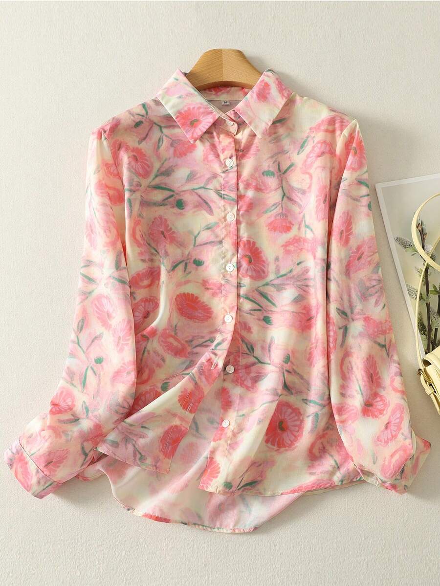 Women's Floral Print Long Sleeve Shirt, Spring/Summer Vacation Pink - Pink - View 1