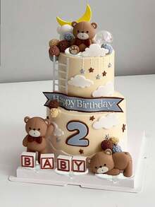 1个软橡胶小熊蛋糕装饰插牌，粉色、蓝色、棕色可选，生日蛋糕装饰道具，字母“生日快乐”，坐姿和站姿小熊，可爱小熊蛋糕装饰配件，ins风，适合小熊主题派对、生日派对、洗礼、性别揭晓派对、百日庆、一周岁生日派对蛋糕装饰。（请搭配托盘使用） - 多色 - 查看 5