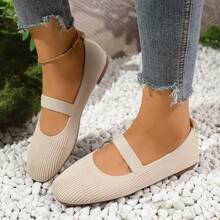 女士休闲春夏玛丽珍平底鞋，系带针织方头编织软底鞋 - 糯米白色 - 查看 15