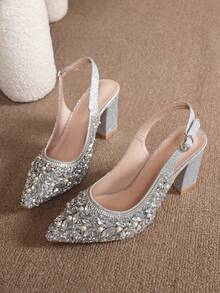 Fashionable Women's High Heel Pumps, Elegant Western Style Wedding Rhinestone Buckle Party Banquet Charming Sexy Heels, Suitable For All Seasons - Silver - View 4