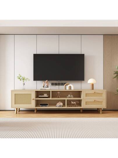 High End 160cm Rattan TV St In Wood Finish 70 Inch TVs Cable Management, Drawers, Door, Unit, Base Living Room Furniture, Low