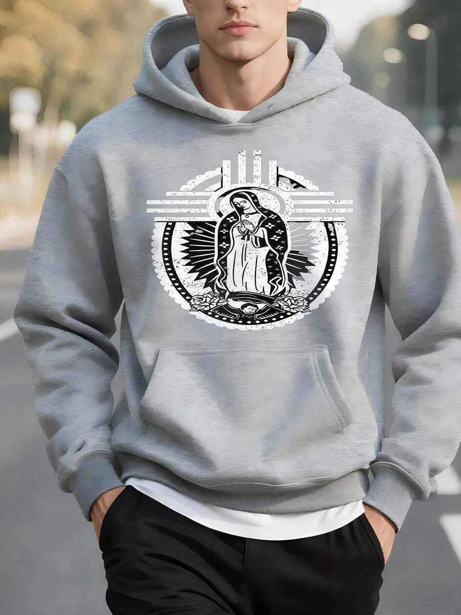 Sudadera Para Hombre con Capucha Estampada de la Virgen de Guadalupe en Estilo Vintage, Ropa Deportiva Unisex Confortable para Uso Diario y Recreación, Sudadera Navideña para Hombre Inspirada en la Cultura Mexicana con Detalles Artísticos y Manga Larga - Gris 3 - Ver 1