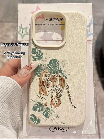 1pc Fashionable Minimalist Personalized Leaf & Tiger Pattern Litchi Texture Waterproof Shockproof Anti-Slip Soft Phone Case, Suitable As Birthday, Holiday Gift For Friends, Family, Couples, Compatible With Apple// Phones