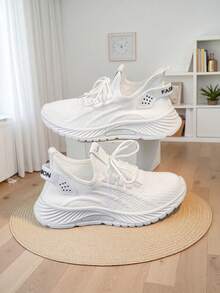 Breathable Mesh Sneakers] Lightweight Breathable Mesh Sneakers - Non-Slip EVA Sole, Comfortable Ankle Support, Lace-Up Low-Top Running & Tennis Shoes For Men And Women, Retro Style, All-Season Wear, Fitness Wear - trắng - Xem 3