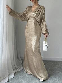 女士优雅V领金色连衣裙，精致优雅，适合工作、通勤、性感法式浪漫风格、休闲外出、中东复古主题活动、下午茶聚会、派对、新年、感恩节和圣诞节派对。 - 金色 - 查看 6