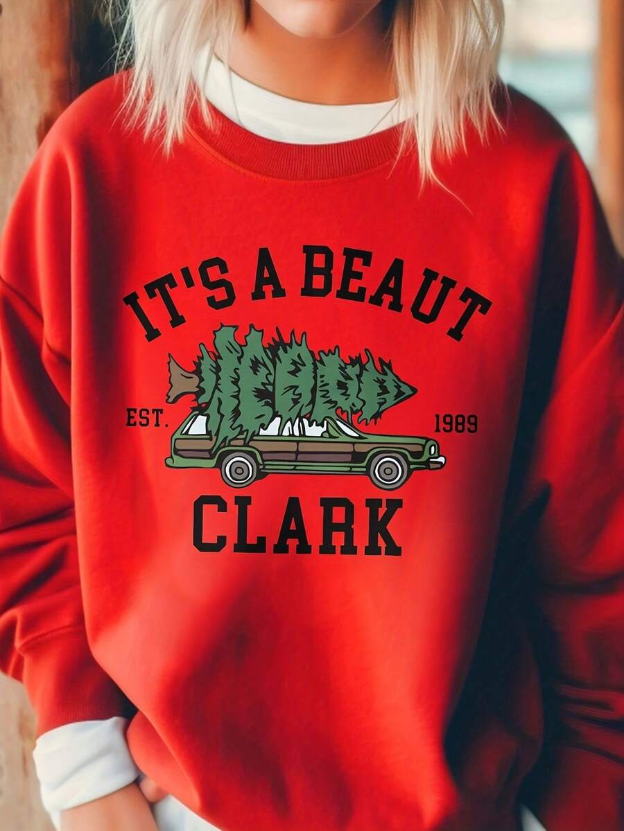 1Pc Women'S Christmas Graphic Crewneck Sweater - Red Holiday Sweater With "It'S A Beaut Clark" &  Design, Soft Long Sleeve Casual Pullover For Autumn Winter, Cozy Movie Nights & Themed Parties Women's Minimalist Regular Fit Long Sleeve Sweatshirt - Casual Daily Outfits Top - 紅色 - 查看 1
