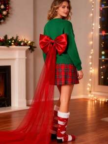 Christmas Red Bow Decor, Made Of Satin And Mesh, Suitable For Coordinating With Various Outfits, Scene Decoration, Multi-Purpose, Ideal For Christmas Decoration, Holiday Party Decor, Valentine's Day Decoration, Bridal Belt, Lolita Fashion Accessory - Red - View 3