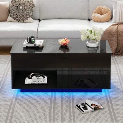 High-Gloss Lift-Top Tea Table, LED Coffee Table, Lounge Table, 100x50x55 Cm With LED Lighting, Hydraulic Lift And Multi-Level Storage Space, Black
