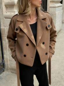 Women's Casual Loose Double-Breasted Lapel Short Jacket - Khaki - View 4