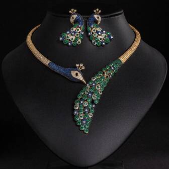 1 件/3 件女士时尚/复古彩色锆石孔雀凤凰耳环项链首饰套装，可调节颈链适合男士/女士日常、节日、派对、婚礼、万圣节礼物