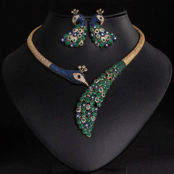 1pc/3pcs Women Fashion/Vintage Colorful Zirconia Peacock Phoenix Earrings Necklace Jewelry Set, Adjustable Choker Necklace Suitable For Men/Women Daily, Festival, Party, Wedding, Halloween Gift