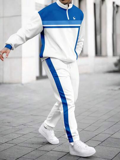 Men's Patchwork Print Zip-Up Sweatshirt And Pants Set