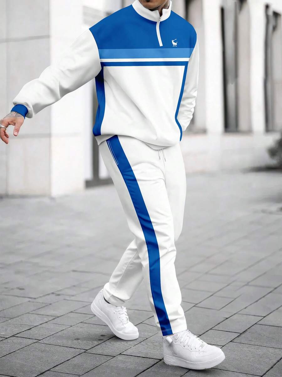 Men's Patchwork Print Zip-Up Sweatshirt And Pants Set - Blue - View 1