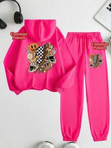 2 piezas Conjunto de sudadera con capucha + pantalón de chándal, regalo personalizado de Acción de Gracias, regalo de Navidad - Sudadera deportiva personalizada para mujer, agrega tu propio texto/imagen (diseño de insignia/logotipo de empresa/foto familiar/selfie) - Rosa Fucsia - Ver 2