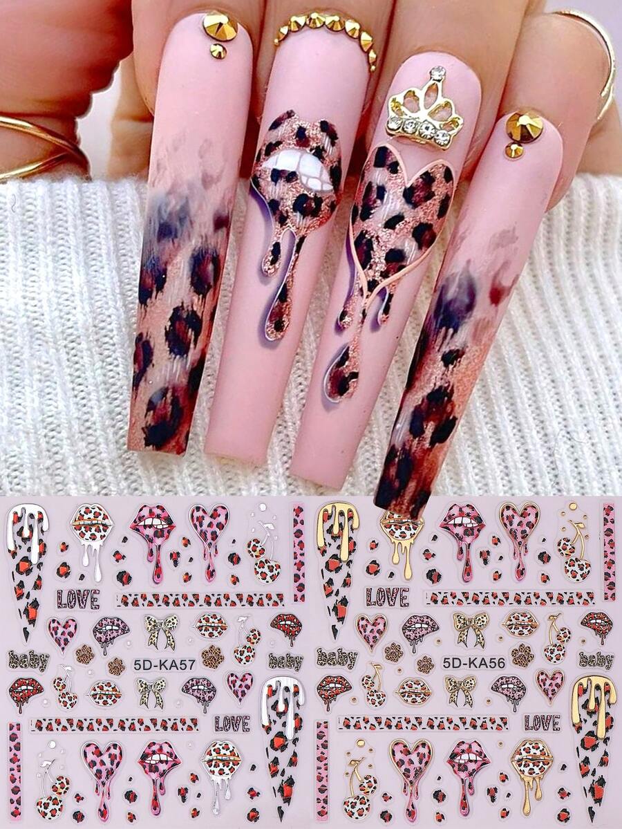 2pcs 5D Bronzing Leopard Lips Nail Sticker Embossed Gold Silver Leopard Heart Bow Knot Cherry Pink Brown Decals Relief Self Adhesive DIY Decoration Accessories Manicure Salon Supplies Nails - Multicolor - View 1