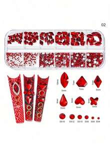 12Grids/Box 3D Acrylic Small Flower Nail Art Charms,Mixed Size Multicolor Gold & Silver Round Beads Faux Pearls Five-Petal Flowers Nail Art Rhinestone Decorations For Women Girls DIY Nail Charms Nail Gems Nail Supplies - Đỏ - Xem 2
