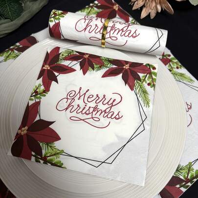 20/40pcs Red Floral Paper Napkins For Christmas Party Decorations,13inch-2-Ply,Red 'Merry Christmas' Design Printed Dinner Tissues Home, Restaurant, And Party Decorations,Christmas Party Supplies