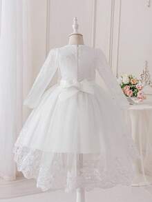 亮红色公主薄纱连衣裙，蕾丝和串珠细节，优雅长袖网纱连衣裙，适合婚礼，钢琴鸟图案，涤纶派对礼服，婚礼宾客礼服