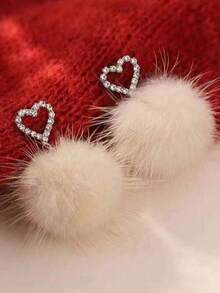 1对时尚简约镂空心形毛绒球耳环，冬季送给女性的礼物，圣诞节、新年、情人节、母亲节礼物