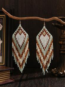 1 Pair Women's Fashion Bohemian Tassel Earrings, Vintage Green Geometric Heart Pattern, Long Tassel Swinging Glass Seed Bead Handmade Earrings, Suitable For All Seasons, Versatile Daily Wear & Gift