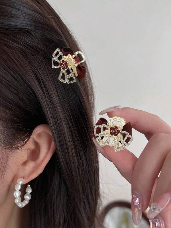 2pcs Women's Solid Color Alloy Metal Flower Crystal Fabric Bow Double-Sided Small Side Clip, Sweet & Elegant For Campus, Party, Prom, Daily Wear