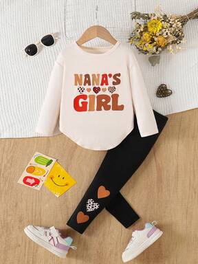 Set de 2 piezas con top de manga larga con estampado de letra y corazón + leggings ajustados para niñas jóvenes