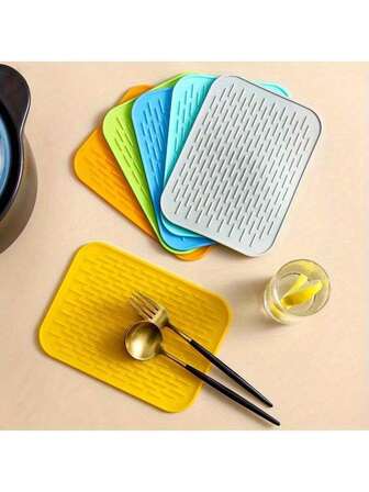 4pcs/1pc Square Silicone Mat. Premium Bowl & Dish Drying Mat - Minimalist Thick, Heat Resistant, Anti-Scald, Insulating, Anti-Slip Drainage Mat, Tableware Mat, Thickened Desk Mat, For Kitchen Sink And Countertop Protection - Flexible, Durable Anti-Slip Strips, Vibrant Colors: Pink/Blue/Green/Yellow