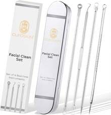 CLEOSKIN Kit Removedor de Espinillas con 4 Herramientas de Acero Inoxidable| Extractor de Puntos Negros y Granos| Limpieza Facial Profesional, Reutilizable y  para la Piel - Depurador de piel - Ver 1