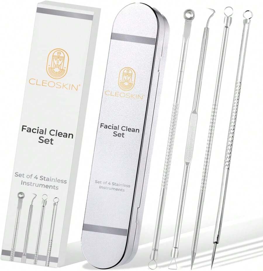 CLEOSKIN Kit Removedor de Espinillas con 4 Herramientas de Acero Inoxidable| Extractor de Puntos Negros y Granos| Limpieza Facial Profesional, Reutilizable y para la Piel - Depurador de piel - Ver 1