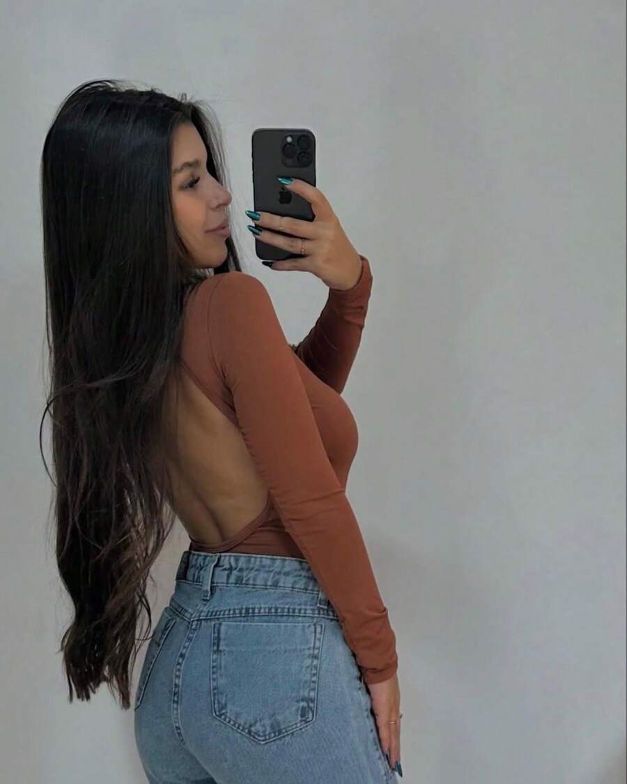 Women's Sexy Long Sleeve Bodysuit With Cutout/Deep Back - 棕色的. - 查看 1