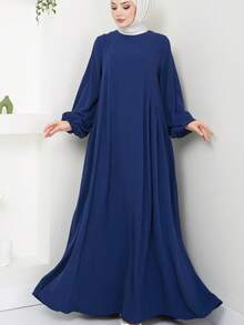 Abaya lunga elegante e solida blu navy con maniche lunghe e lunghezza alla caviglia, abbigliamento islamico classico e dignitoso per le donne - Blu Navy - Visualizzare 2