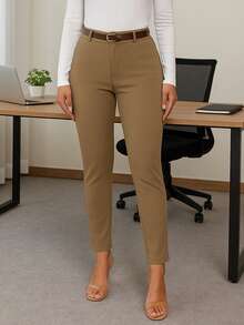 Pantalón Ajustado para Dama con Cinturón.  Tela Elástica - Café integral - Ver 3