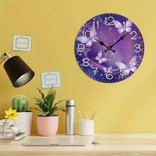 2D Retro Butterfly Wall Clock - Silent Japanese Quartz Movement, Purple Background Round Wooden Frame, White Butterfly - Home, Bedroom, And Office Decoration, Romantic Design, Artificial Wooden Frame, Durable Structure, Home Decorations, Halloween - 10 inch - Xem 2