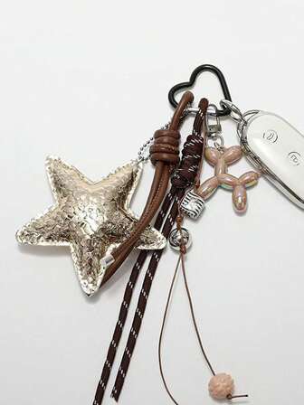 Yogodlns Nuevo colgante de estrella de cuero genuino, perro globo lindo, llavero de decoración arcoíris, accesorio de bolso trenzado de moda, estrella hecha a mano, colgante de bolso trenzado de cachorro, llavero de pareja linda de moda como regalo