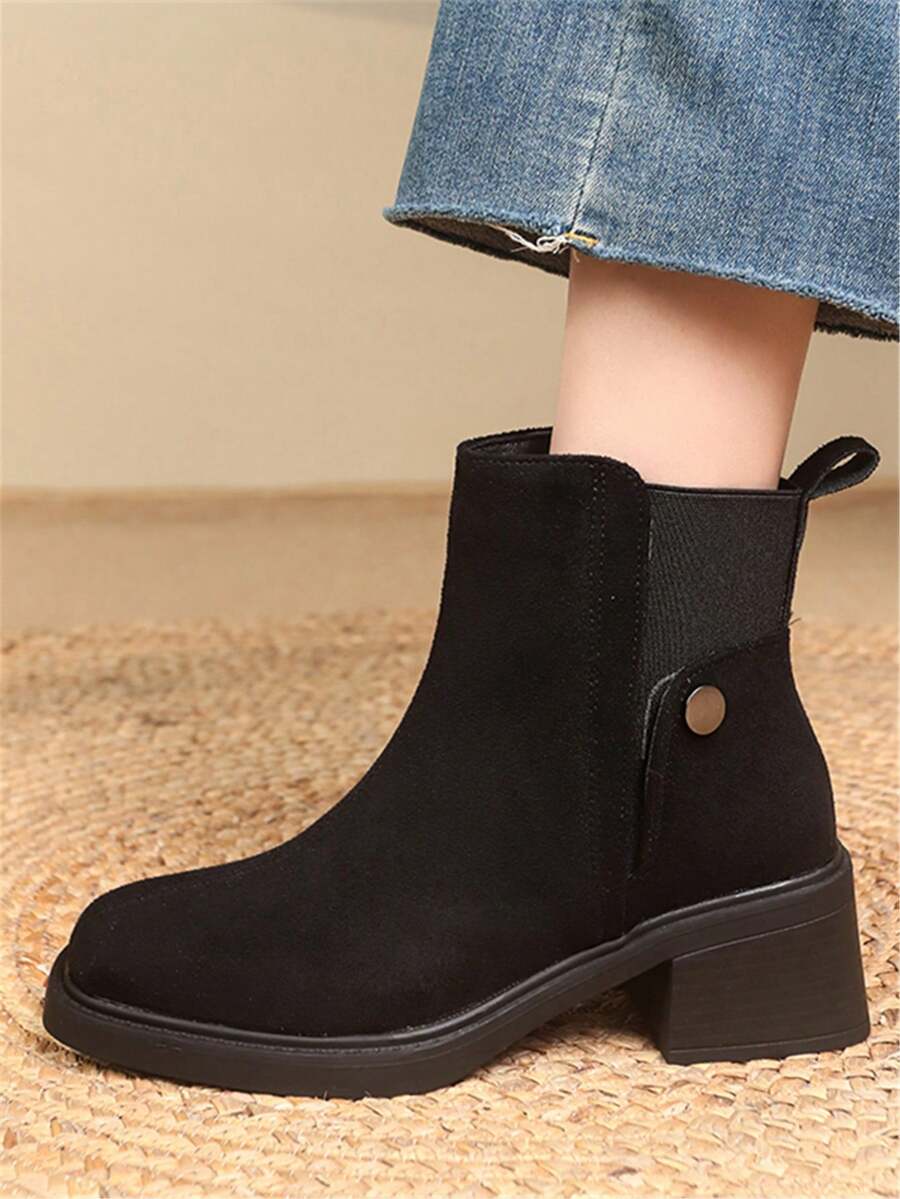 Fall/Winter Women's Fashion Round Toe Slip-On Suede Patchwork Black & Gray Color Block Ankle Boots - Black - View 1