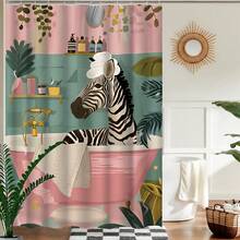 1件斑马纹浴帘 - 斑马在浴缸里洗澡，趣味动物设计，搭配绿色植物和瓷砖图案，防水防霉，可机洗，涤纶材质，不透光，轻盈透气。颜色可能因光线条件略有不同。包含12个挂钩 - 艺术浴室装饰。 - 彩色 - 查看 6