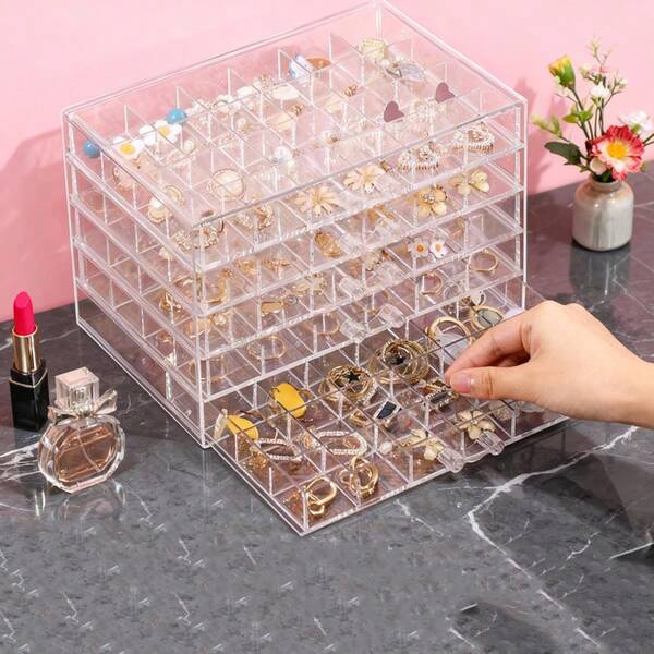 1 pezzo Scatola portaoggetti gioielli con 120 scomparti, grande capacità, organizer per cassetti trasparente a prova di polvere per anelli, orecchini, collane