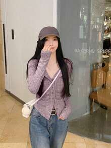 女士全新时尚领褶长袖针织毛衣 - 粉色 - 查看 6