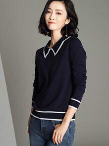 Plus Size Women Elegant Sweater, Fashionable Collar And Long Sleeves, Ribbed Knit Design With Contrasting Trim, High Stretch Fabric, Comfortable And Fitted, Perfect Regular Length - Royal Blue - View 3